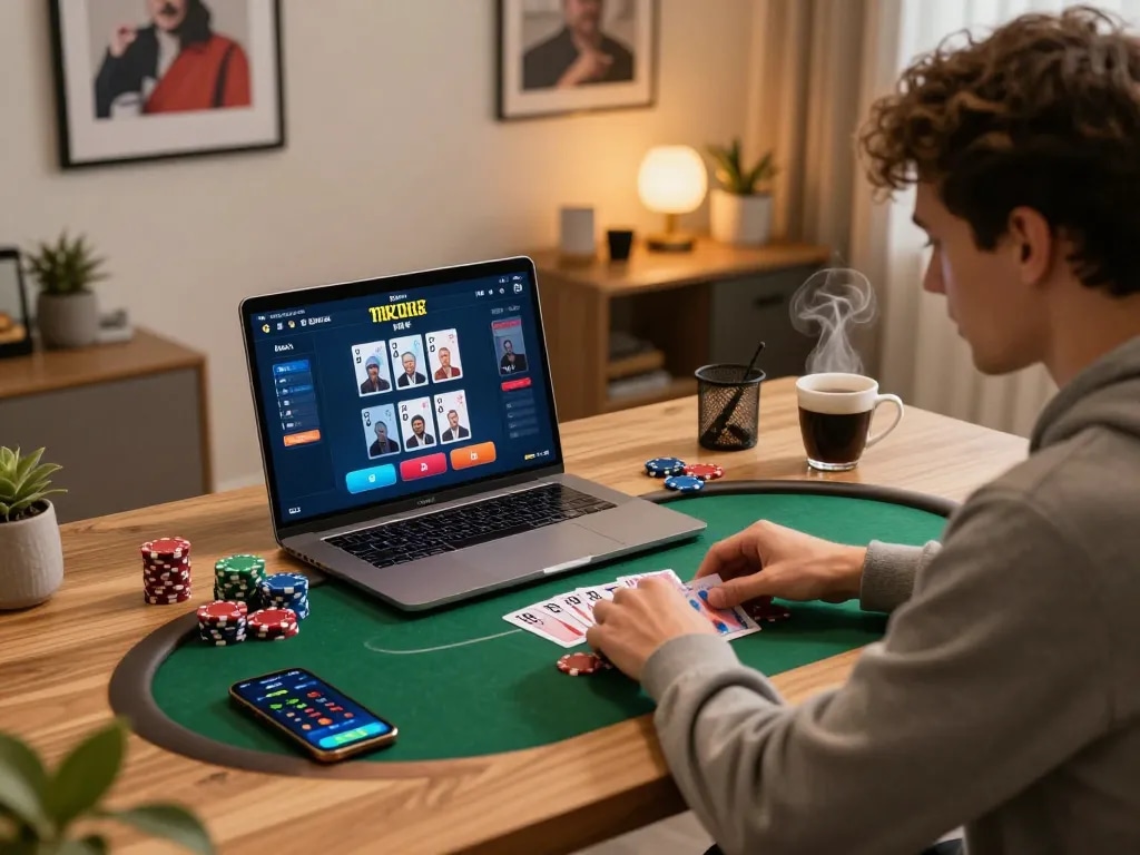 hubet online poker game in progress with player analyzing cards and strategies at home