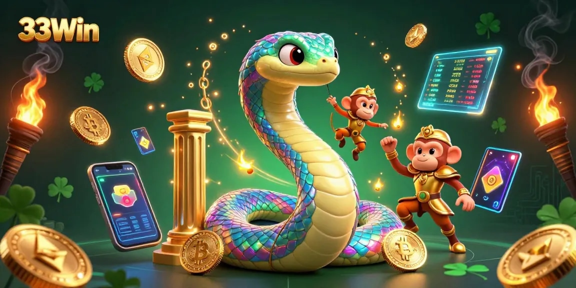 Experience the gaming excitement with 33Win's vibrant 3D casino world featuring dynamic characters and crypto elements.