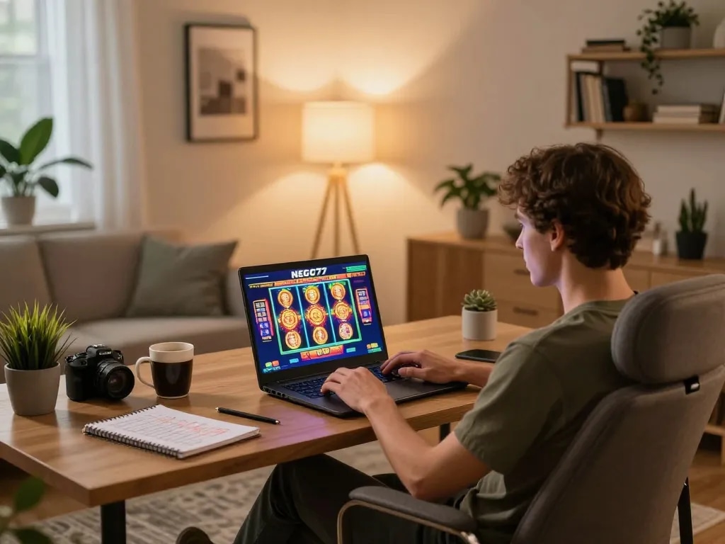 Engaging in online casino gaming at NEGO77 with a laptop displayed on screen, showcasing immersive gameplay