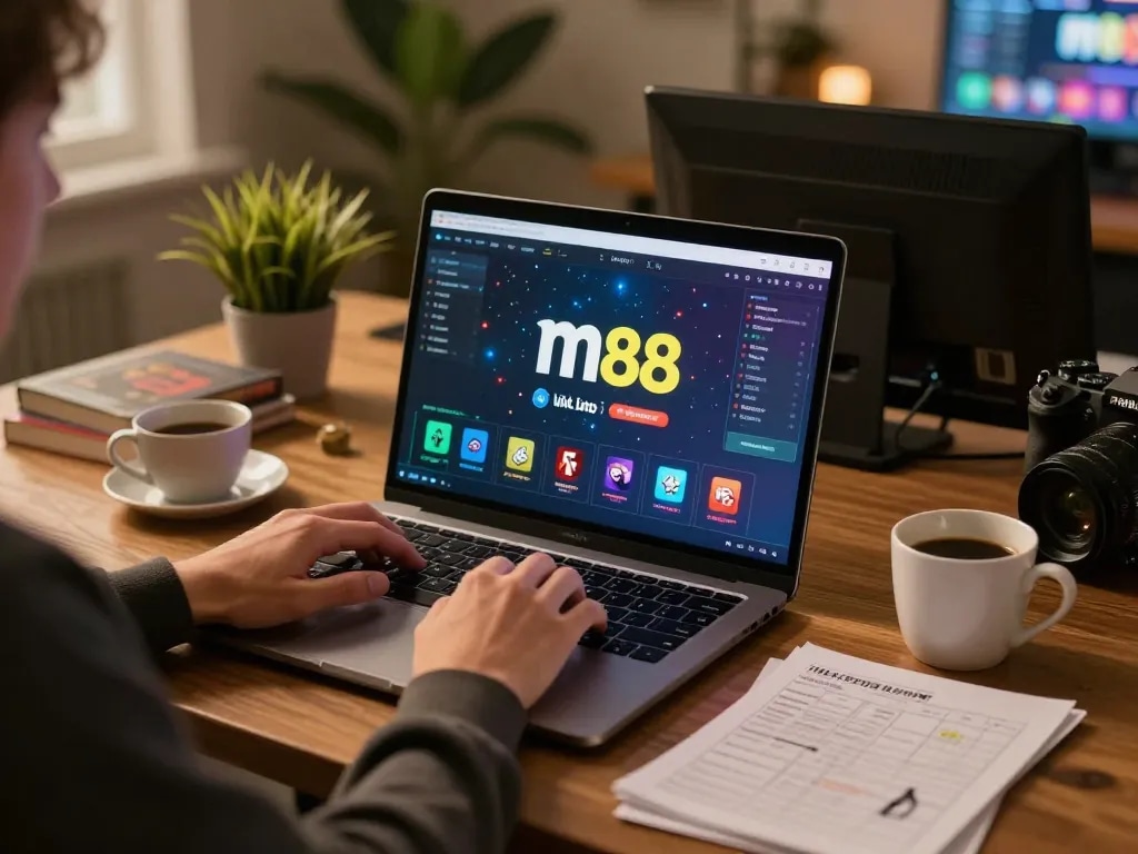 Sesi permainan online yang menarik dengan m88 link ditampilkan di layar laptop, atmosfer rumah yang hangat
