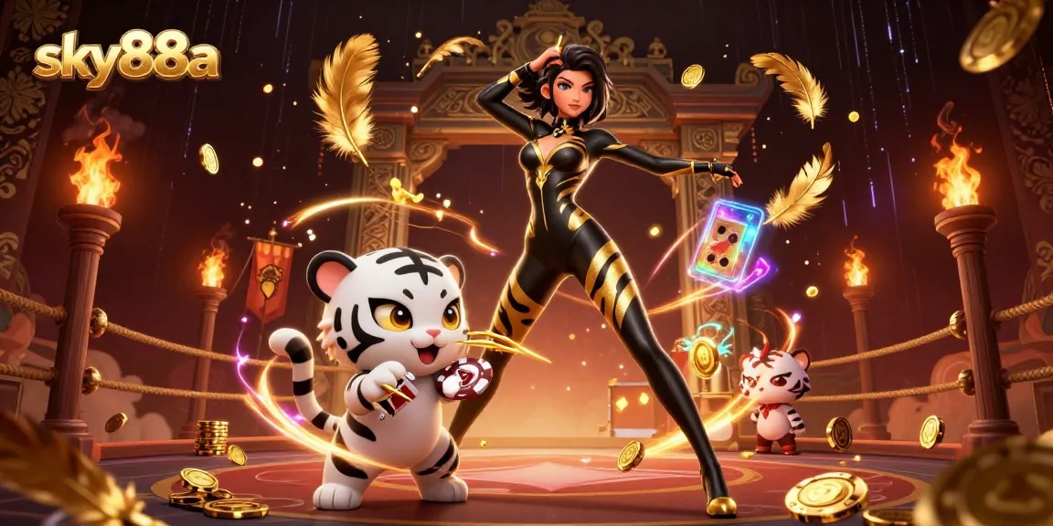 Engage in thrilling play at sky88a with a stunning acrobatic woman and playful tiger illustration.