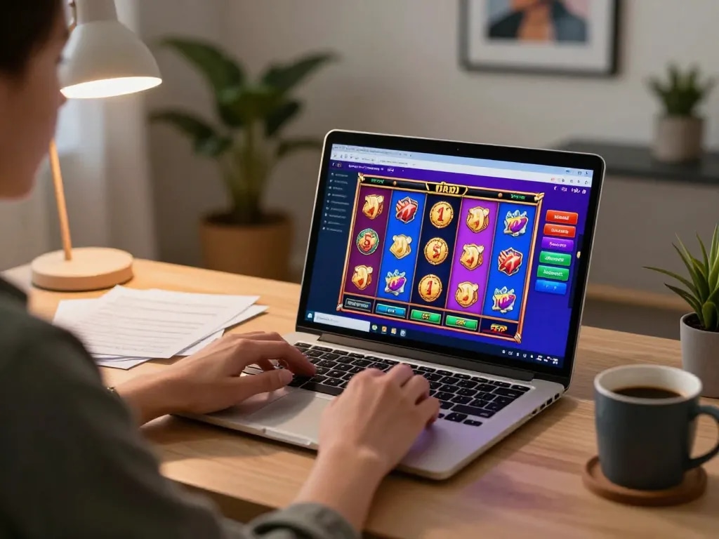 Permainan slot 88Pulsa ditampilkan di laptop dalam lingkungan permainan rumah yang vibrant dengan suasana yang nyaman.