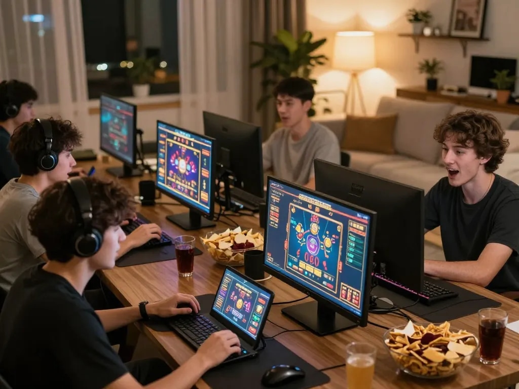 MPO08 players engaged in an online gaming tournament with focused strategies and vibrant game screens.