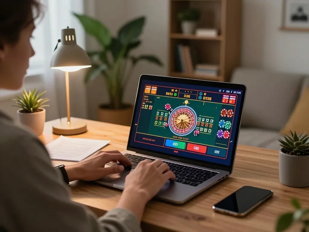 Player engaging with ALO8 online casino roulette game on laptop at home.