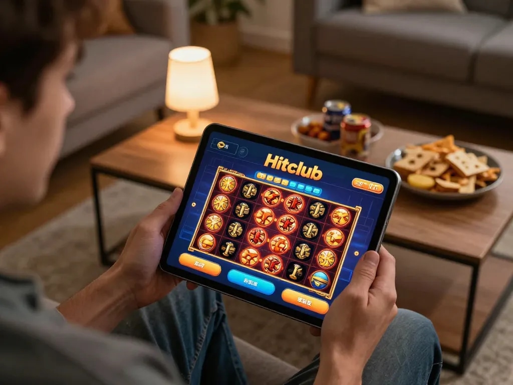 Player enjoying Hitclub slots game on tablet in cozy living room, showcasing engaging online gambling experience.