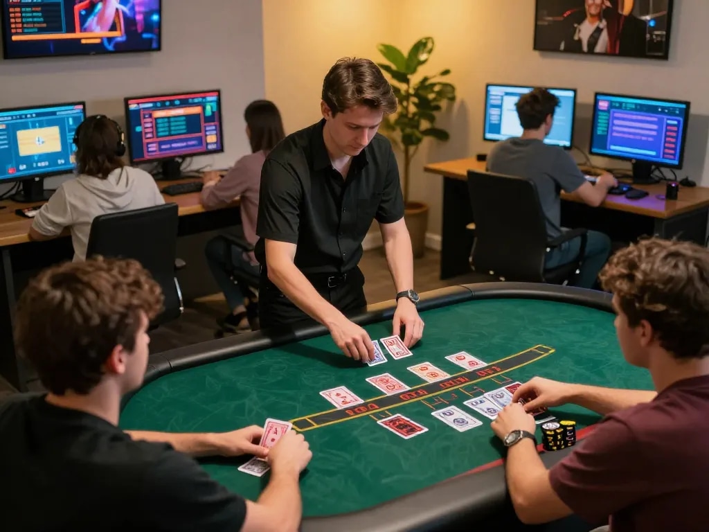 Players engaged in online Blackjack at home using link 23win platform, showcasing vibrant gaming atmosphere.