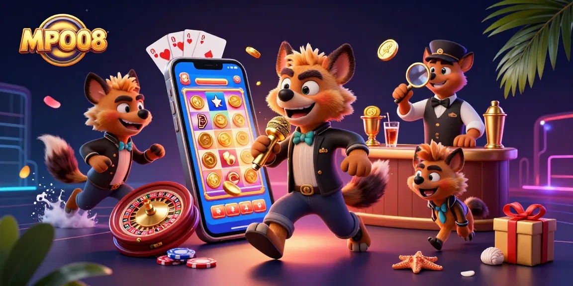Experience MPO08 with lively hyenas at a casino, showcasing colorful slot games and a dynamic atmosphere.