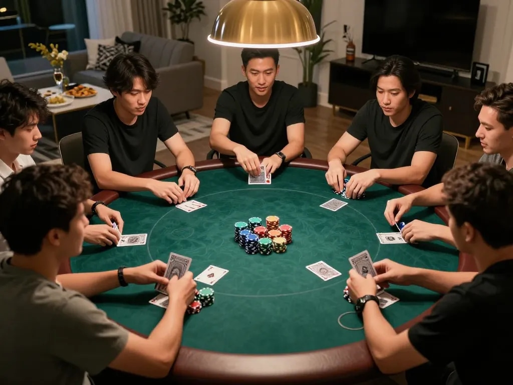LIGALGO players enjoying an exciting home poker game surrounded by friends and snacks.