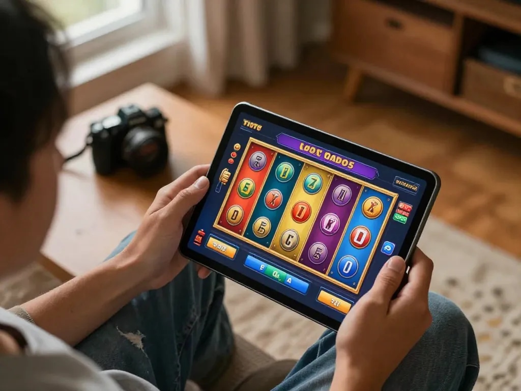 Permainan yang menarik dengan permainan toto slot ditampilkan di tablet dalam pengaturan rumah yang nyaman, menciptakan kegembiraan bagi para pemain.