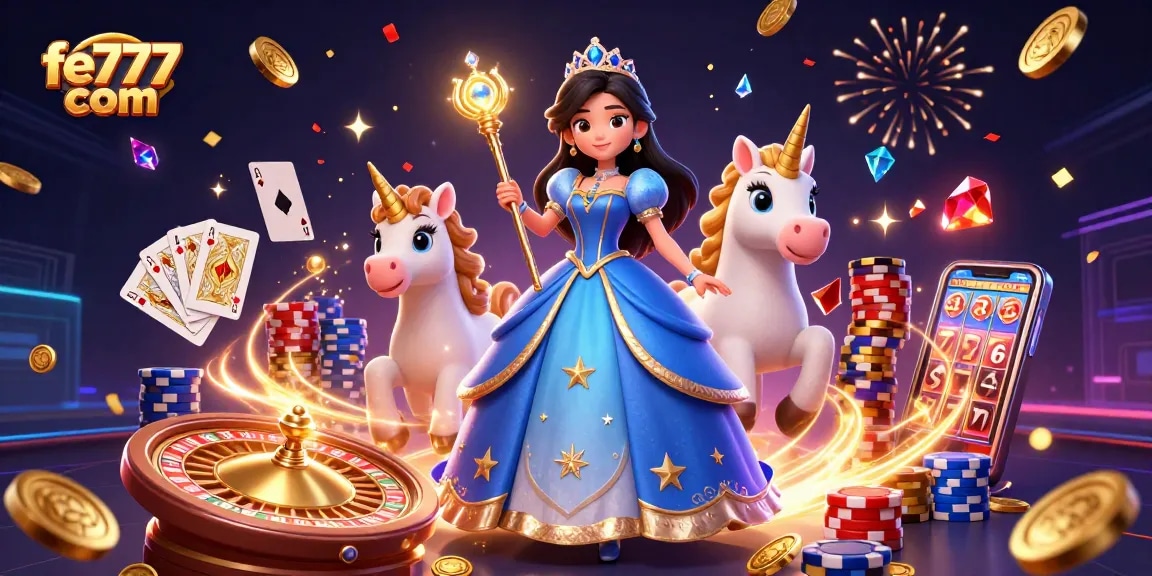 Rasakan kemenangan dengan fe777 com dalam suasana kasino yang penuh warna menampilkan seorang wanita glamor dengan unicorn.
