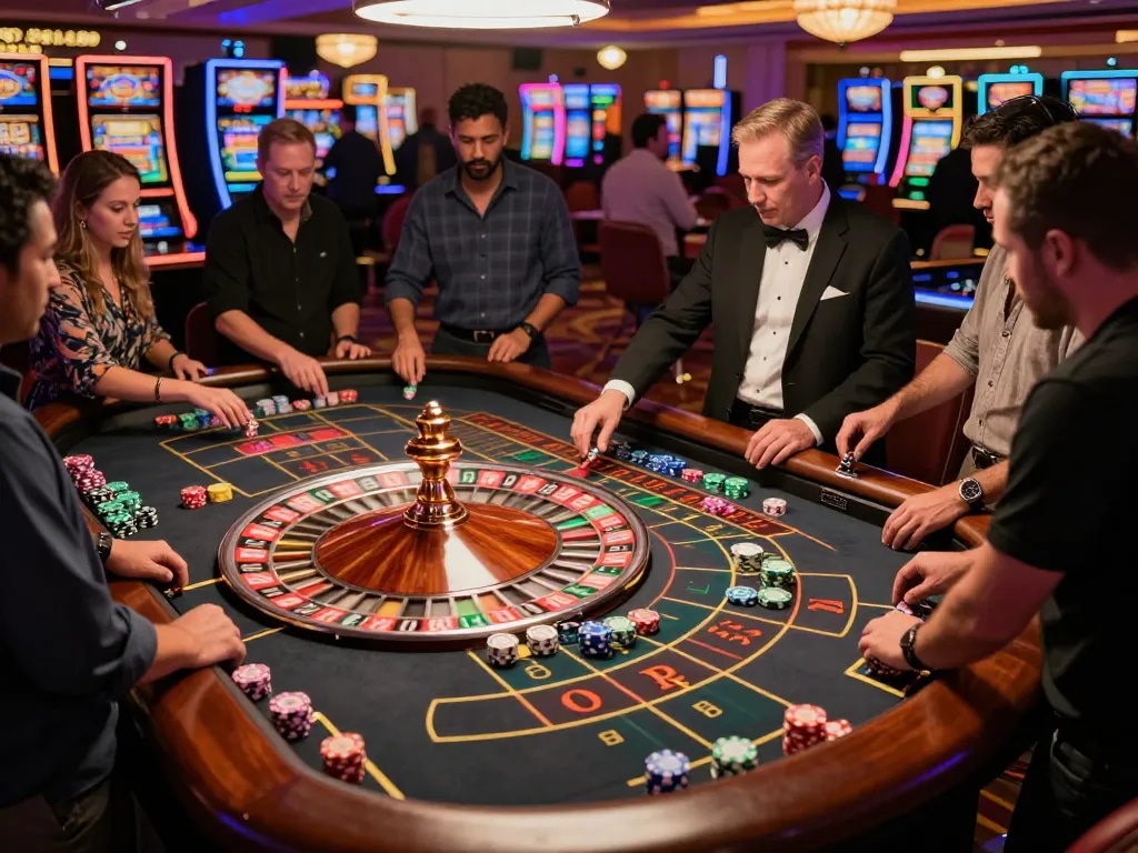 Spin the wheel at a vibrant roulette table, featuring organicsuperfoodshub excitement and colorful chips in a bustling casino.