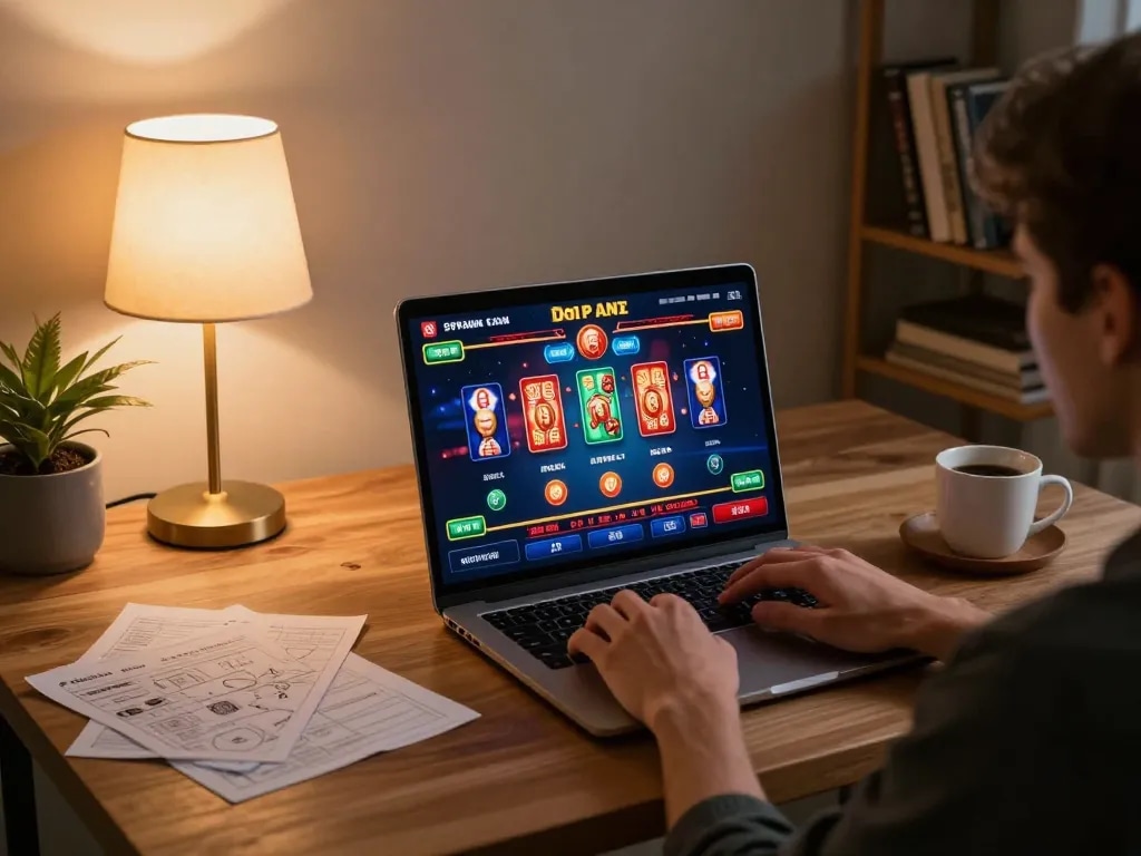 A player enjoying online gaming at https://c168b.com/ with vibrant casino screens, cozy home setting, and strategic notes.