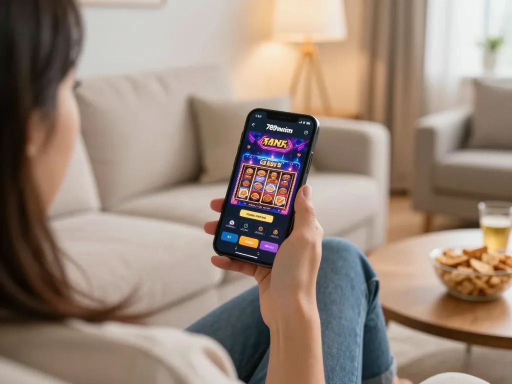 Engaging moment of online gaming on 789win.com with smartphone showing live casino action
