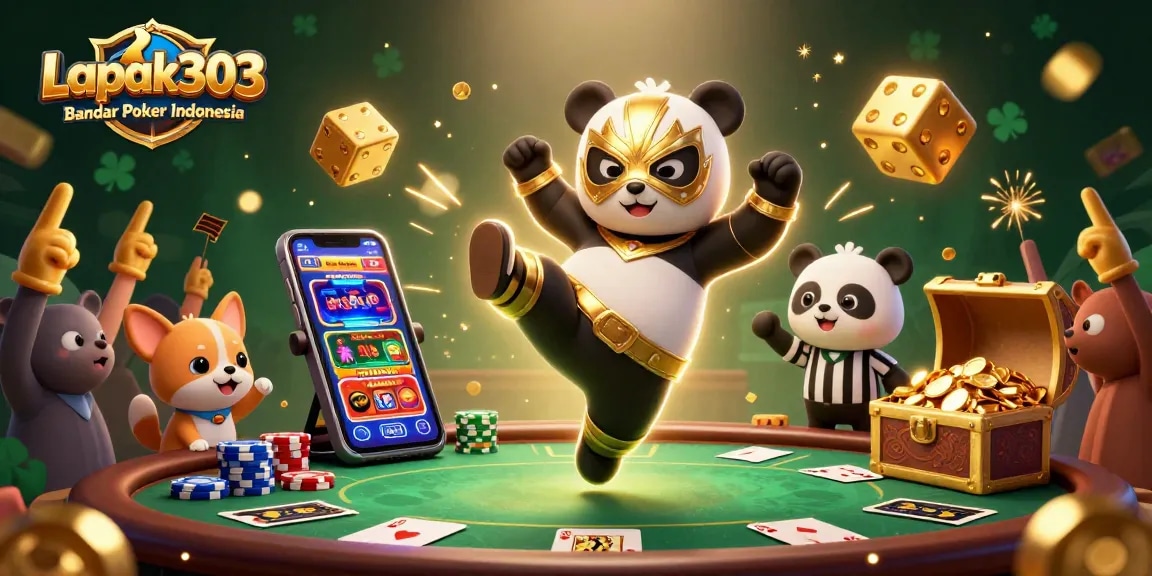 Gambarkan keberhasilan bermain poker di Lapak303 Bandar Poker Indonesia dengan simbol-simbol kemenangan dan suasana meriah.