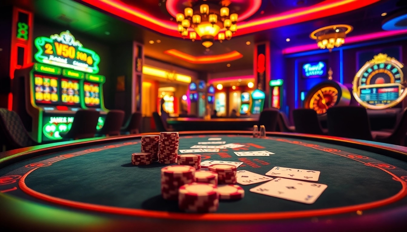 Experience the excitement of jagoan86 with players at a luxurious poker table in this vibrant casino scene.