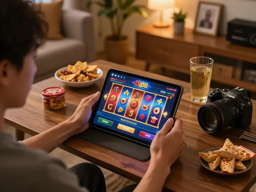 Player enjoying a thrilling gaming session on the slot88 resmi app, with vibrant reels and cozy ambiance.