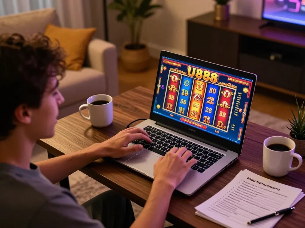 Engaging gameplay at U888 online casino on laptop with colorful slot reels and bankroll notes.