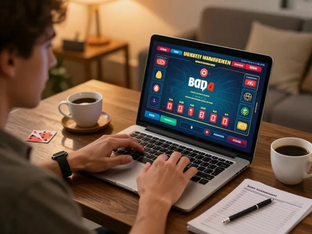 Player strategizing in IDCASH88 online blackjack game at home, focused on winning tactics.