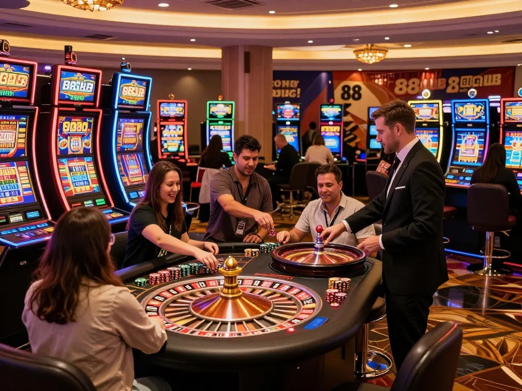 Players engaging at vibrant slot machines and roulette table at 88CLUB casino