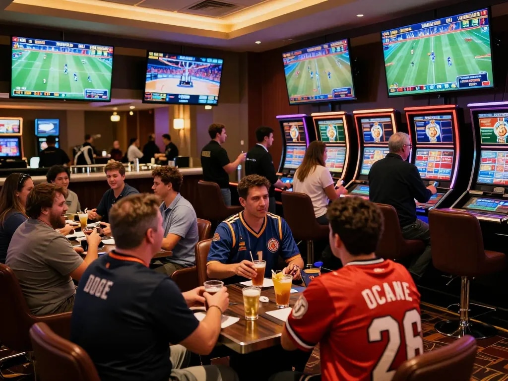 Experience ZEUS222 gameplay as enthusiastic bettors explore vibrant sports betting lounge during high-energy match.