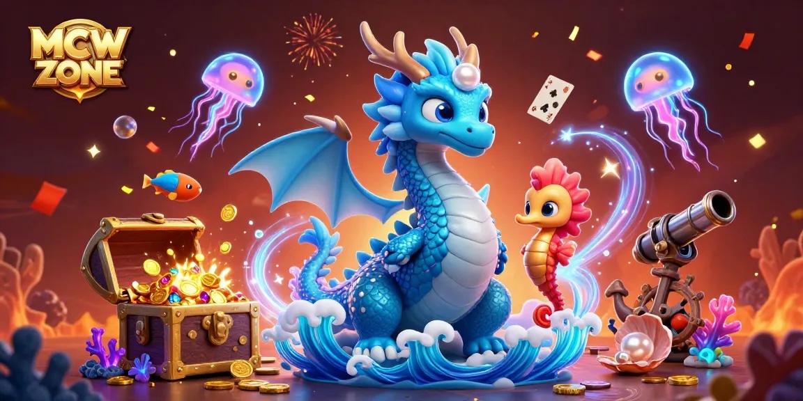 Engage with MCW ZONE's vibrant underwater adventure featuring a majestic dragon and treasure-chest full of gold.