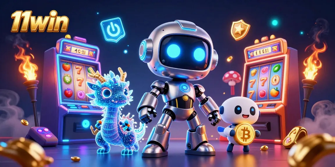 Experience 11win's vibrant slot games with a cyberpunk robot and digital companions.