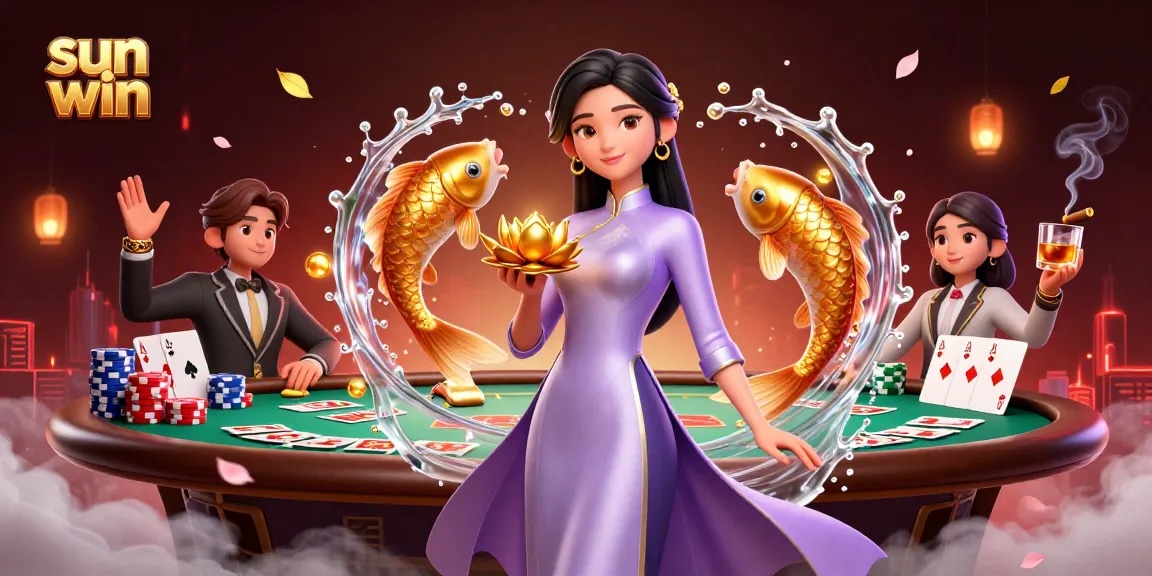 Experience the thrill of sun win in this vibrant 3D illustration, featuring poker action and dynamic characters.