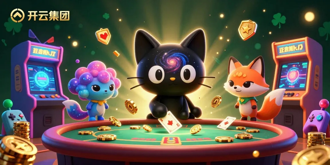 在赌场场景中,开云集团的黑洞猫吸引金色筹码与扑克,旁边有彩色气云狐狸伙伴。