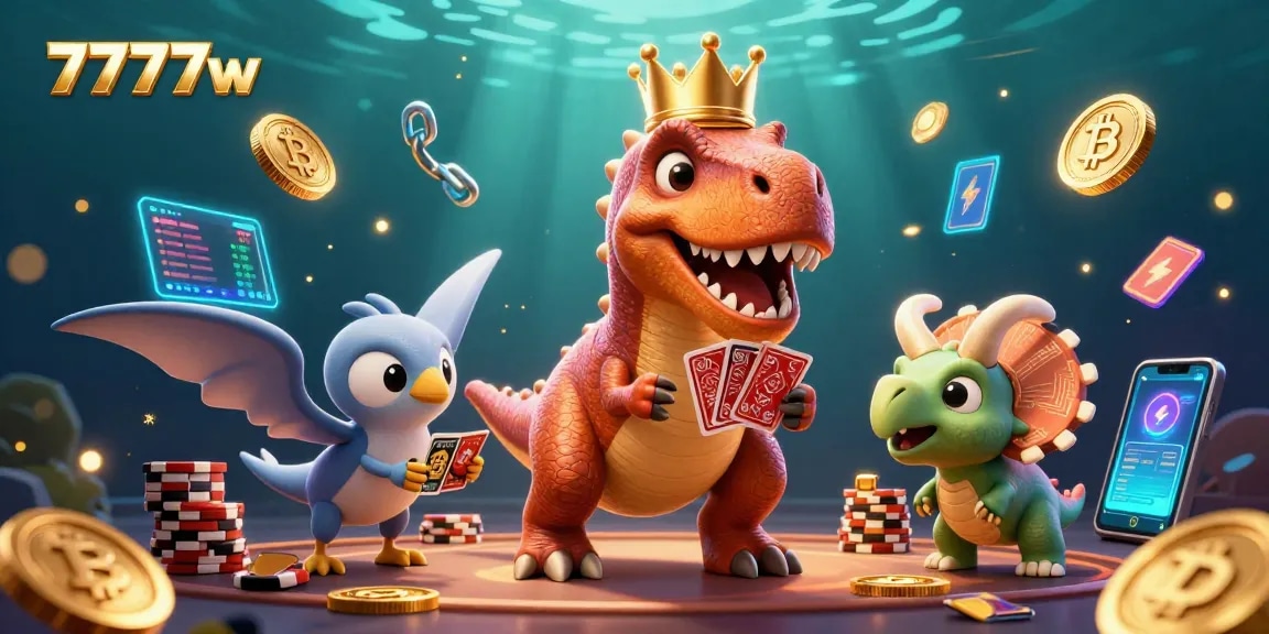 Experience thrilling gambling action with 7777w as friendly dinosaurs play cards and stack chips.