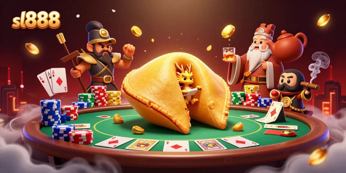 Immerse in sl888 poker adventures with golden fortune cookies, dragons, and vibrant gaming elements.