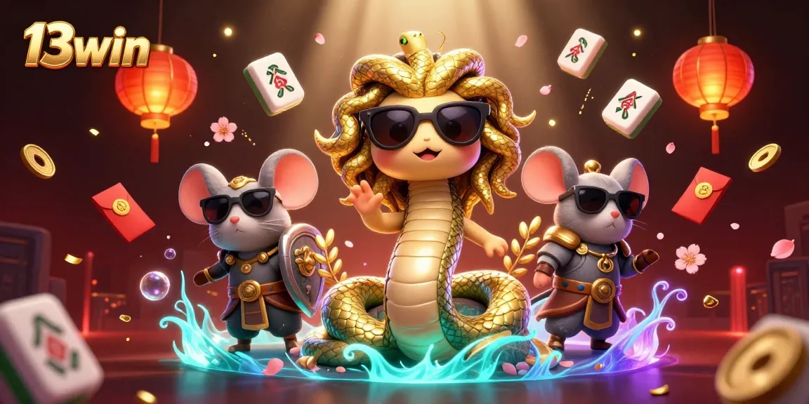 Spin to win with 13win, featuring vibrant 3D casino characters and dynamic gaming elements.