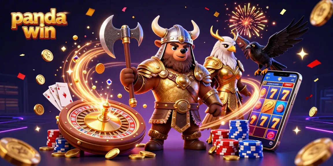 Panda win showcases a vibrant 3D casino scene with cartoon Viking and eagle celebrating wins.