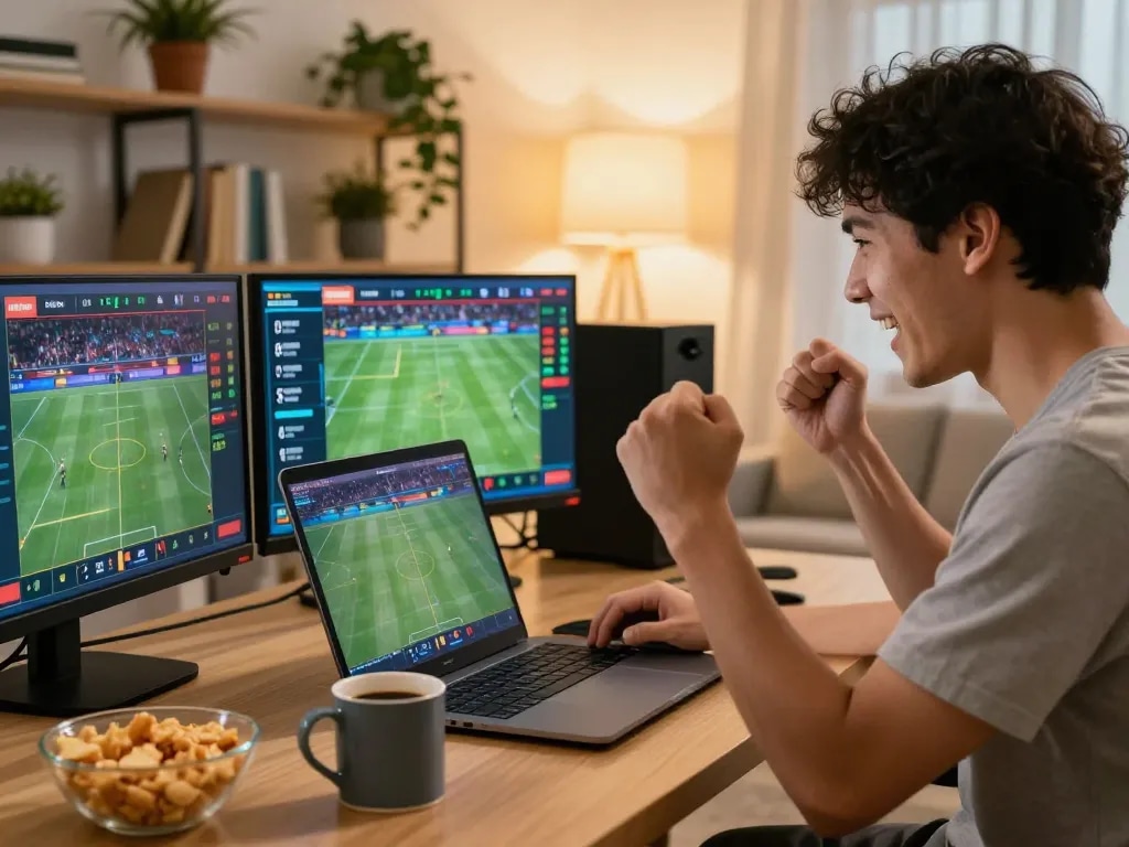 Person celebrating a win while using LGOGOAL for online sports betting in a cozy home environment.
