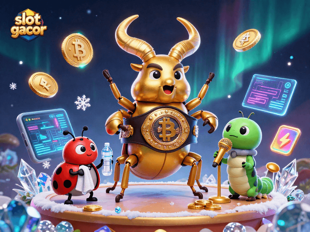 Engaging scene of a slot gacor match with vibrant characters, crypto coins, and casino elements.