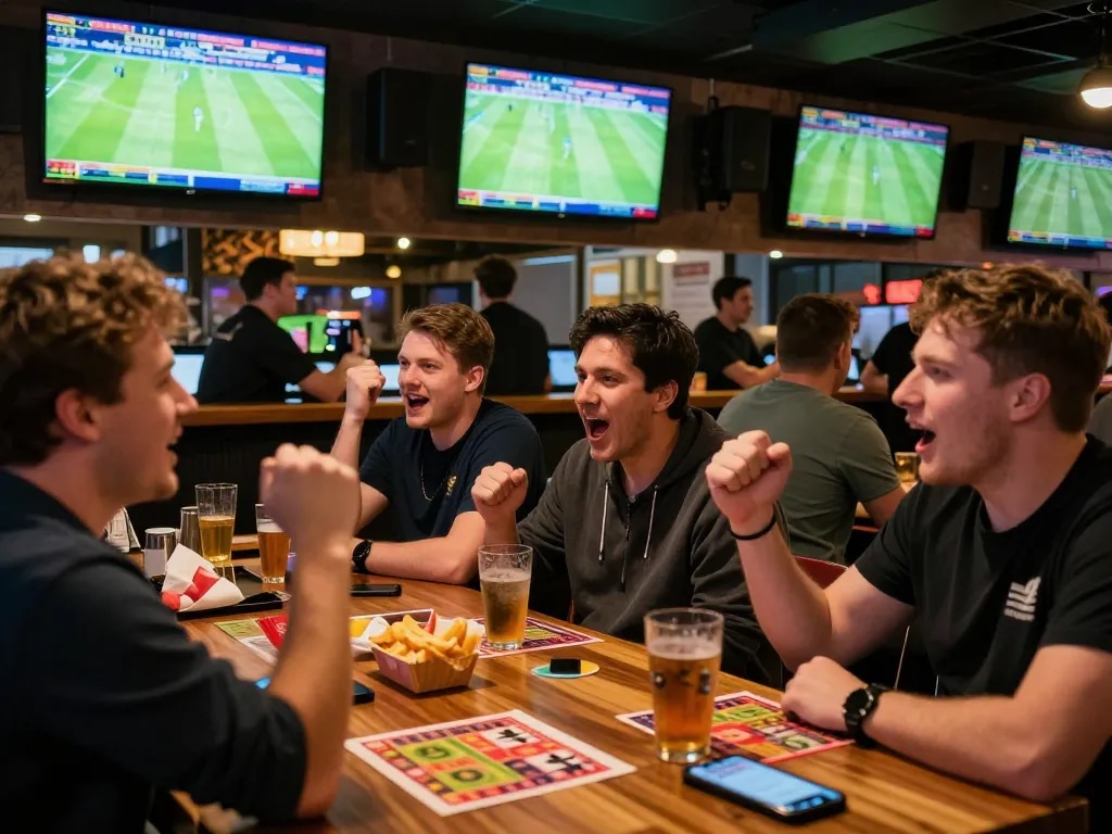 Patrons at a sports bar eagerly placing bets on kèo nhà cái for live football matches, vibrant atmosphere.