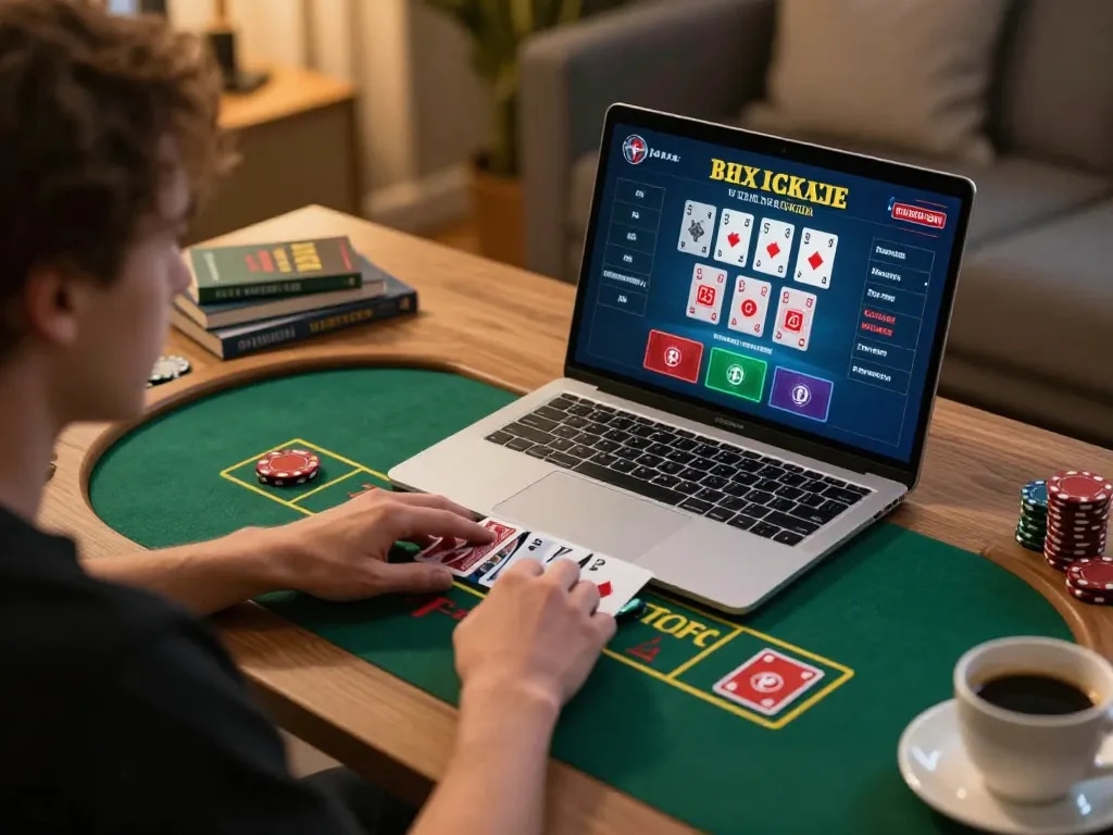 LGO99 player engaging in a live blackjack game online with a laptop in a cozy setting