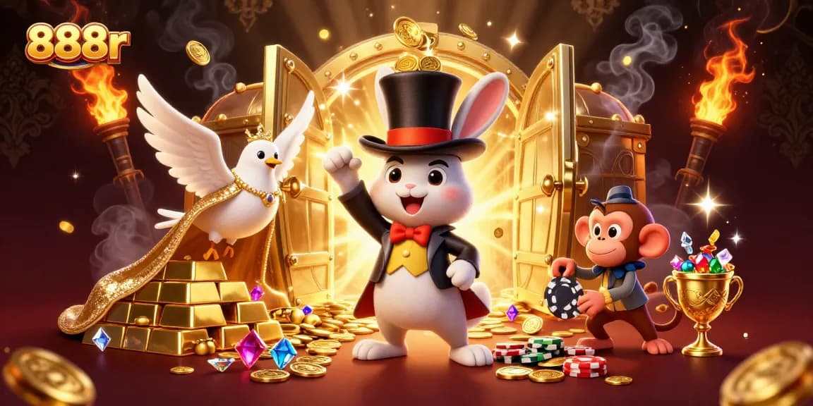 Experience the magic of 888r with a vibrant scene of characters celebrating casino wins with golden coins and gemstones.