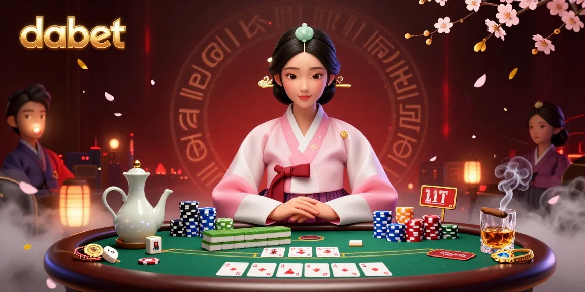 dabet showcases an elegant environment with poker elements and a serene Asian woman in traditional attire.