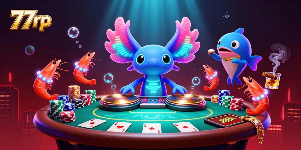Engage with 77rp's vibrant casino scene featuring colorful characters and poker elements.