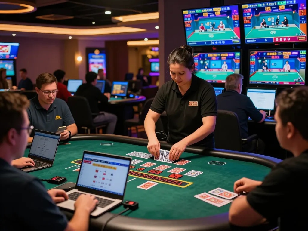 Engaging blackjack gameplay scene featuring Rajabet123 with players intensely focused on their online game.