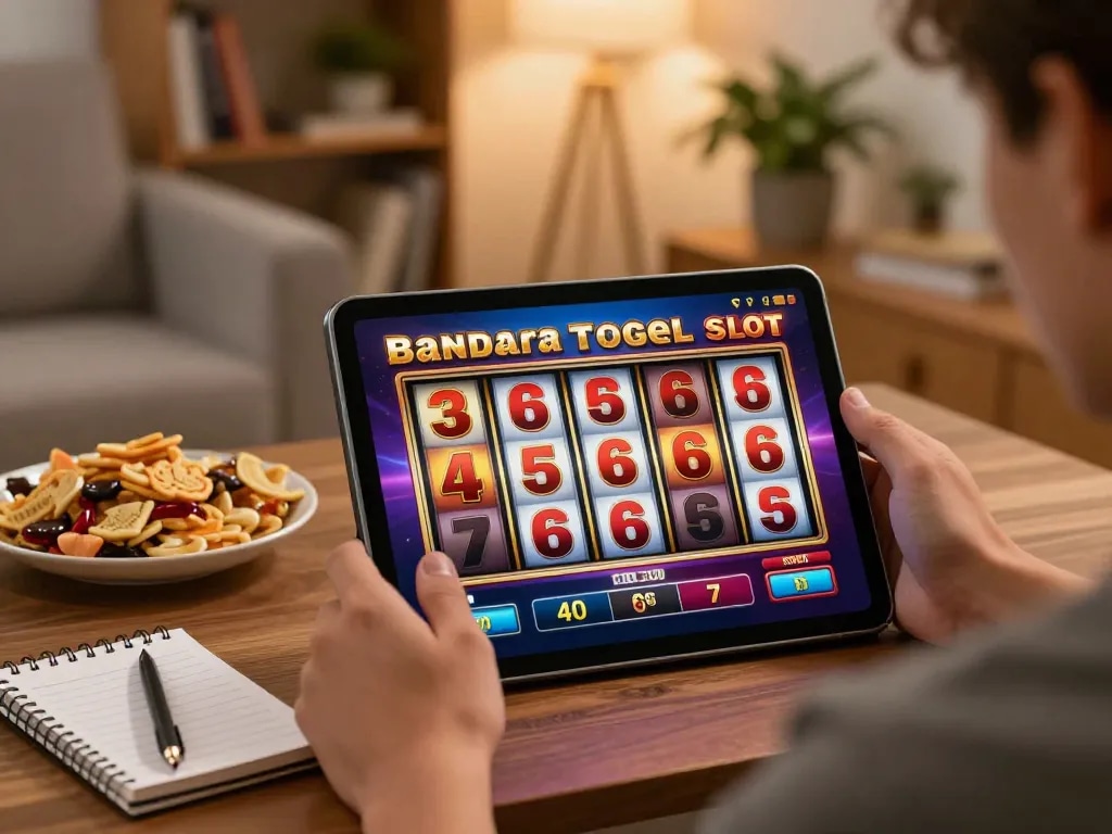 Bermain Bandar Togel Slot secara online dari ruang tamu yang nyaman, menampilkan gulungan slot berwarna-warni dan suasana yang nyaman