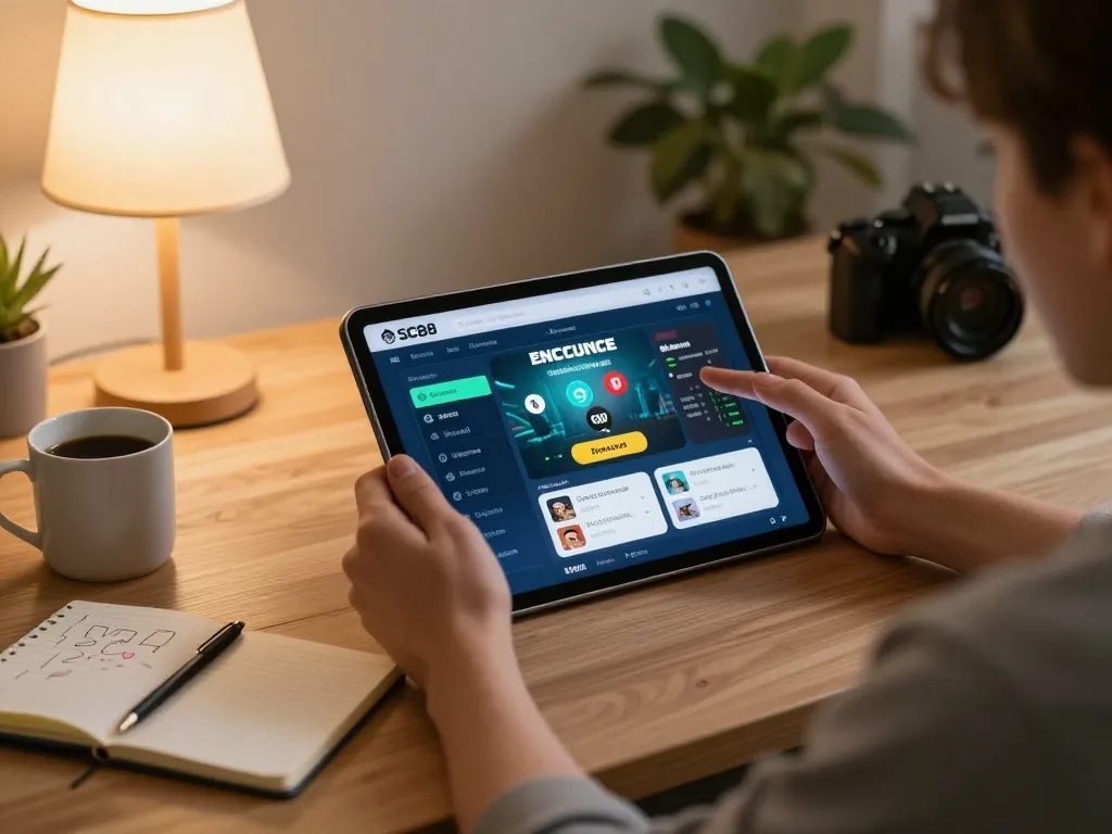 Engaging with the SC88 app for mobile gaming, showcasing a cozy home environment and strategic betting.