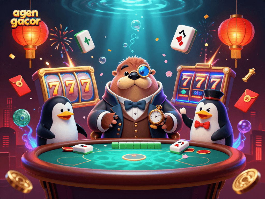 Engaging illustration of agen gacor at an underwater casino with vibrant characters and dynamic elements.