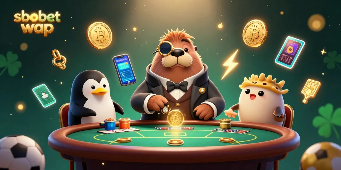 Place bets with sbobet wap in a vibrant underwater poker scene featuring a jolly walrus and friends.