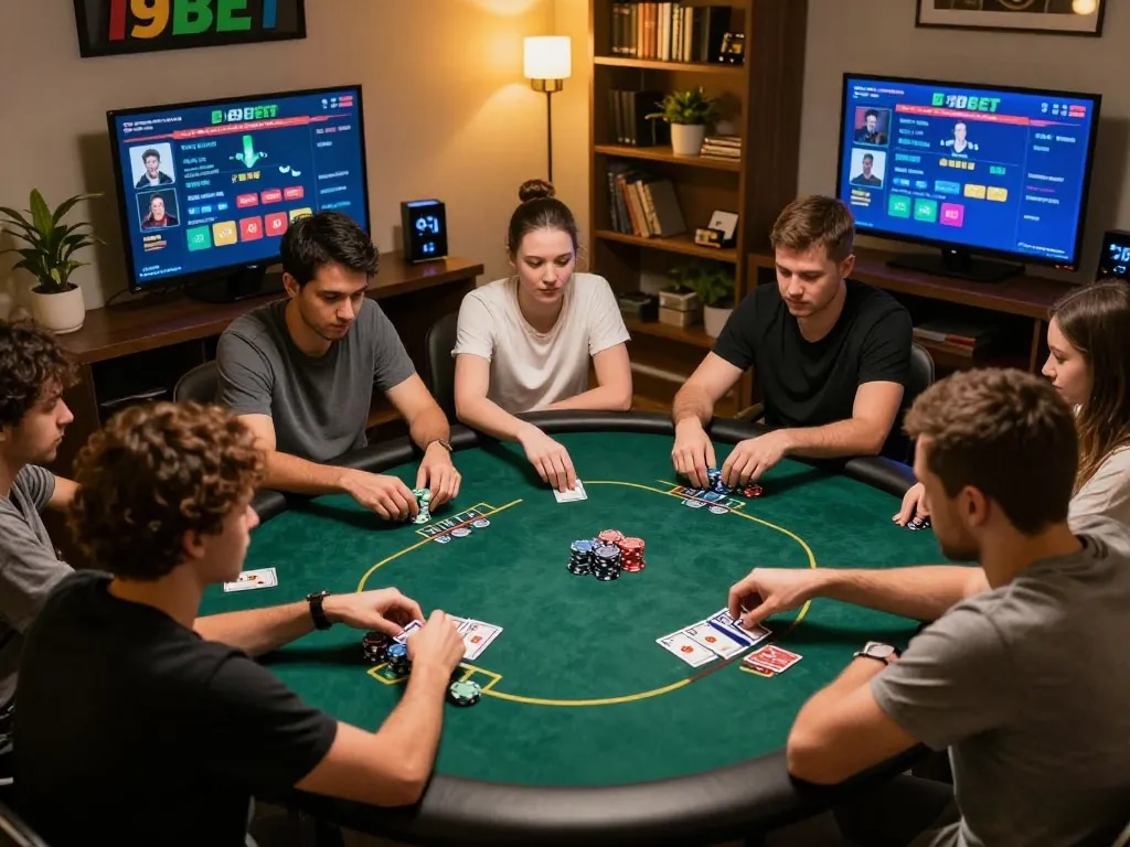 I9BET players strategizing in an online poker game, showcasing a lively gaming environment with dynamic betting.