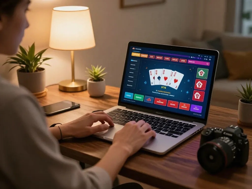 Playing blackjack on https://xi88.global/ with vibrant graphics in a cozy home gaming setup