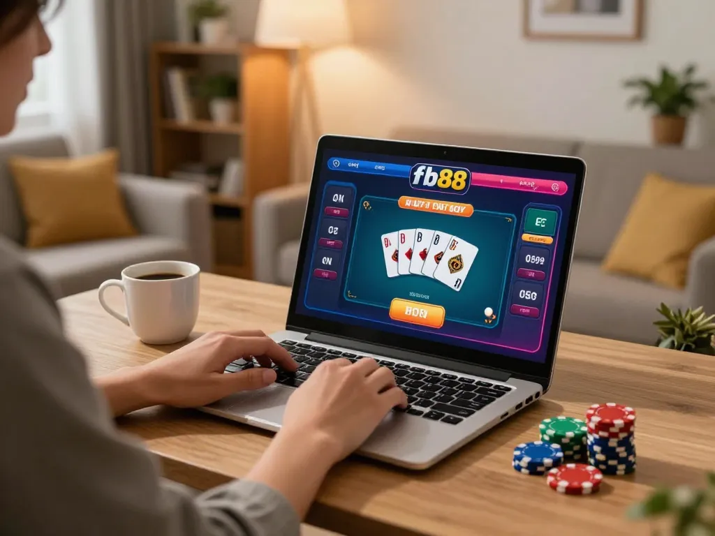 Player engaging with fb88 online poker game in a cozy home environment, showcasing interactive gameplay.