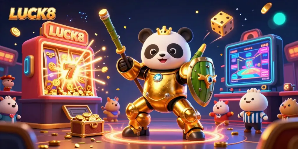 Experience the thrill of LUCK8 with a vibrant 3D illustration showcasing a panda mech suit in a lively casino arena.