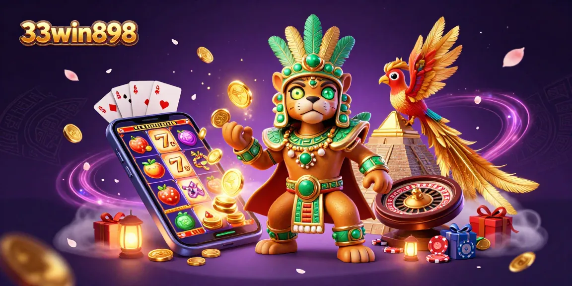 Experience the thrill of 33win898 with a mesmerizing Mayan casino scene showcasing exciting slot gaming elements.