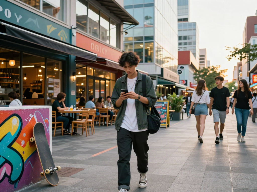Young adult enjoying the city life while browsing bro138 link alternatif on a smartphone, surrounded by urban street style.
